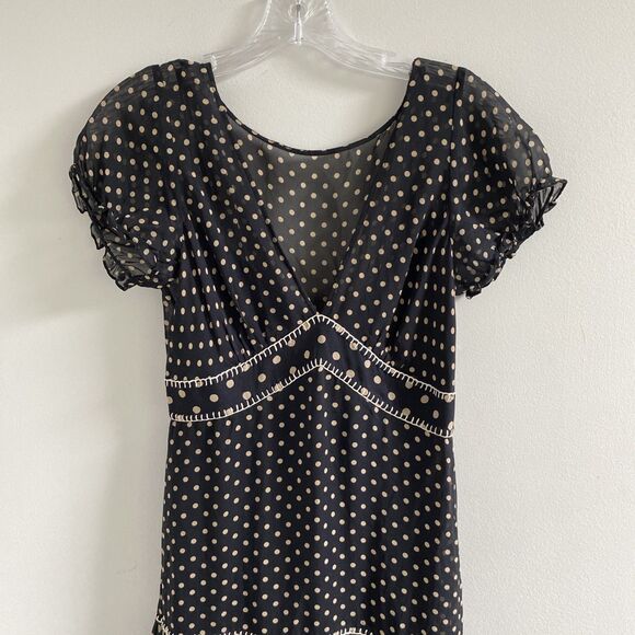 BCBG maxazria 100% Silk Size 6 Short Sleeve Black W/ Brown Polka Dots Dress - Picture 2 of 7
